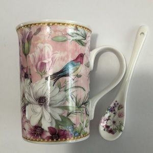 Delton Products Corp. Porcelain Pink Floral With Bird Coffee Tea Mug And Spoon